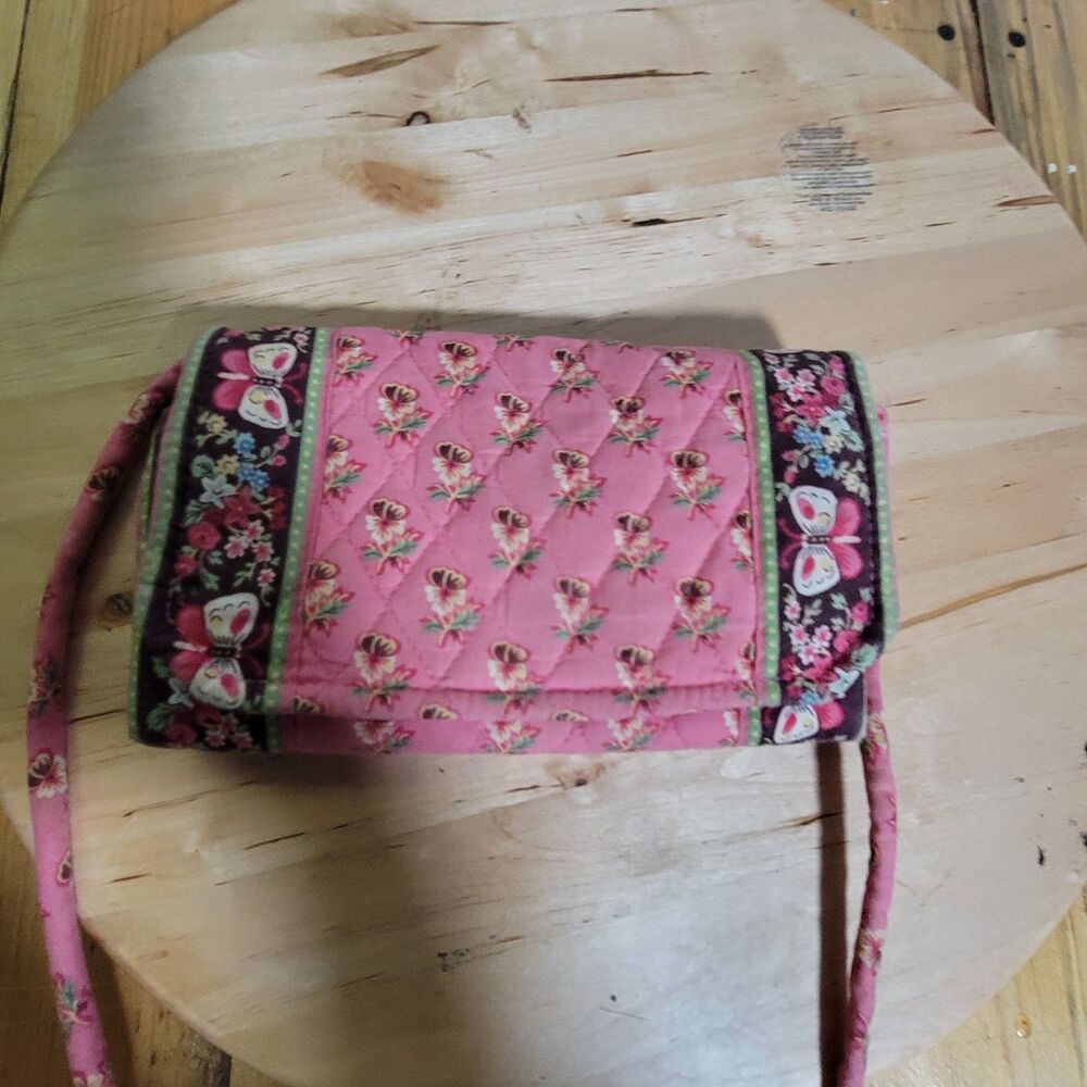 Vera Bradley Pink Floral Butterfly Quilted Crossbody Organizer Wallet Purse